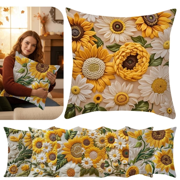 CPHDW7 Decorative Pillow Cover, Embroidered Sunflower Throw Cushion Case for Couch and Bed, Soft Textured Pillow Cover for Living Room Home Decor