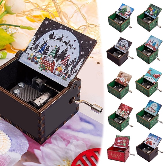 CPHDW7 Wooden Christmas Musical Box, Hand Crank Ornament with Festive Tune, Battery-Free Gift for Holiday Home Decor