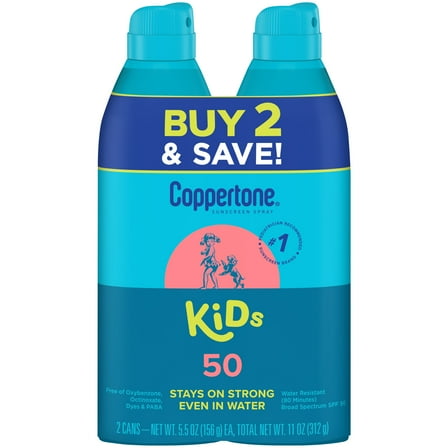 Coppertone Kids Sunscreen Spray, SPF 50 Spray Sunscreen for Kids, 5.5 oz, Pack of 2