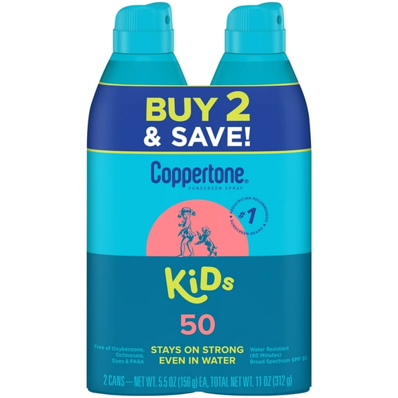 Coppertone Kids Sunscreen Spray, SPF 50 Spray Sunscreen for Kids, 5.5 oz, Pack of 2