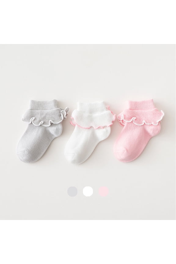 3 Pairs Baby Girls Ruffle Socks Newborn Infant Sweet Knit Floor Hosiery Double Lace Ruffle Frilly Dress Ankle Socks Princess Knit Cotton Socks