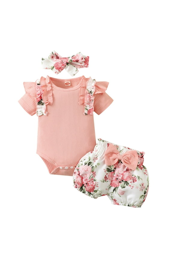 3 Pcs Baby Girl Short Sleeve Crewneck Bodysuit Flower Printed Bodysuits Shorts and Headband Set(Pink,18-24 Months)
