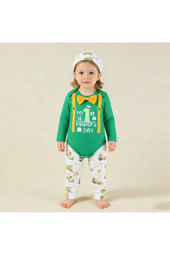 Baby Boy My First St. Patrick’s Day 3-Piece Outfit Set - Long-Sleeve Bodysuit (Suspender Graphic + Bowtie) + Construction Truck Pants + Shamrock Hat Clothing for St. Patrick’s Day Celebrations