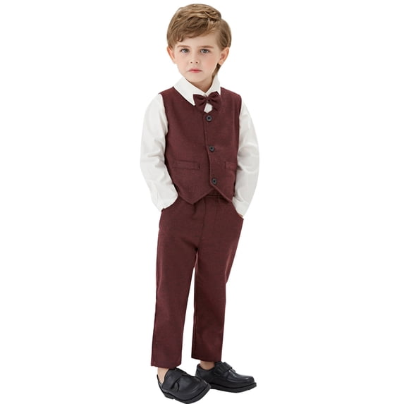 CPNG Baby Boys Toddler Gentleman Kids Formal Outfits Shirt Vest Pant Bow Tie Baby Set Long Sleeve Suit Clothing(Wine,3-6 Months)