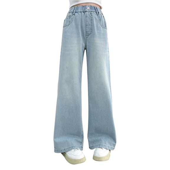 CPNG Baby Girl’s Elastic Waist Wide-Leg Jeans Straight Leg Denim Pants with D-Ring Slant Pockets Casual Stretch Loose Fit Streetwear Long Pants