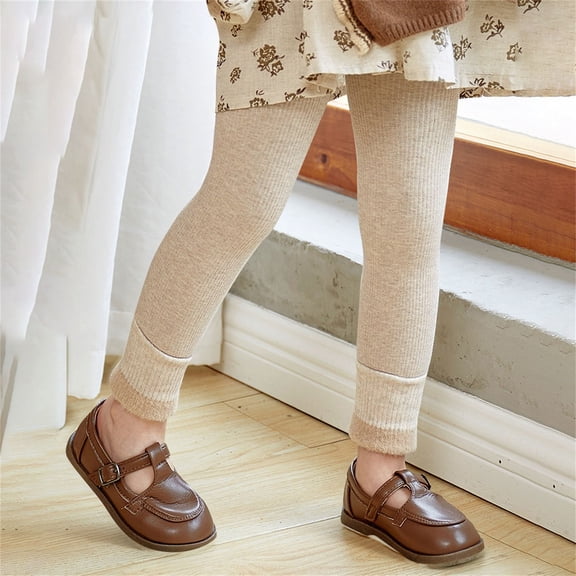 CPNG Baby Girls Fleece Lined Leggings Ribbed Cotton Knit Stretch Thermal Pants Stretchy Athletic Leggings School Uniform Pants Winter Warm Kids Christmas Wool Fall Tights