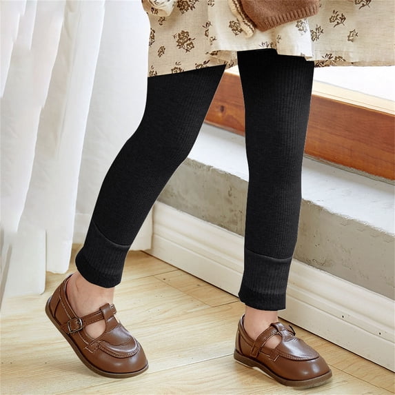 CPNG Baby Girls Fleece Lined Leggings Ribbed Cotton Knit Stretch Thermal Pants Stretchy Athletic Leggings School Uniform Pants Winter Warm Kids Christmas Wool Fall Tights