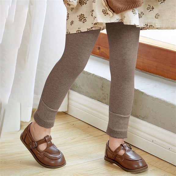 CPNG Baby Girls Fleece Lined Leggings Ribbed Cotton Knit Stretch Thermal Pants Stretchy Athletic Leggings School Uniform Pants Winter Warm Kids Christmas Wool Fall Tights