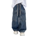 thumbnail image 1 of CPNG Baggy Straight Cargo Jeans for Boys Elastic Waist Y2k Streetwear Wide Leg Jeans Kid Pull On Denim Pants Drawstring Denim Pants Trendy Relaxed Trousers with Flap Pockets, 1 of 3