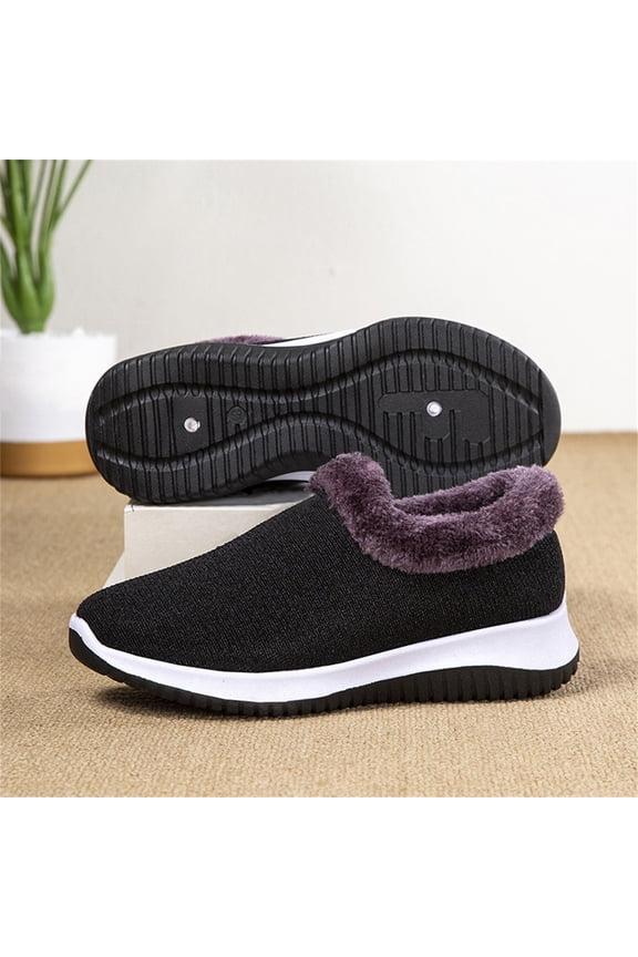 Black Knit Winter Slip-On Shoes with Purple Plush Fleece Lining, Breathable Upper, Non-Slip Rubber Sole, Cozy Warm for Cool Weather, Indoor & Short Outdoor Walks, Easy On-Off Daily Wear