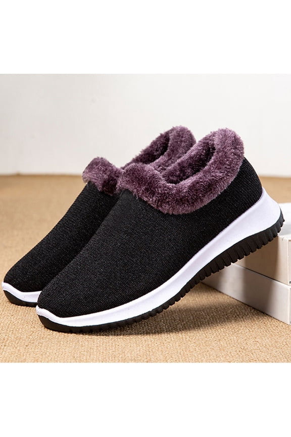 Black Knit Winter Slip-On Shoes with Purple Plush Fleece Lining, Breathable Upper, Non-Slip Rubber Sole, Cozy Warm for Cool Weather, Indoor & Short Outdoor Walks, Easy On-Off Daily Wear