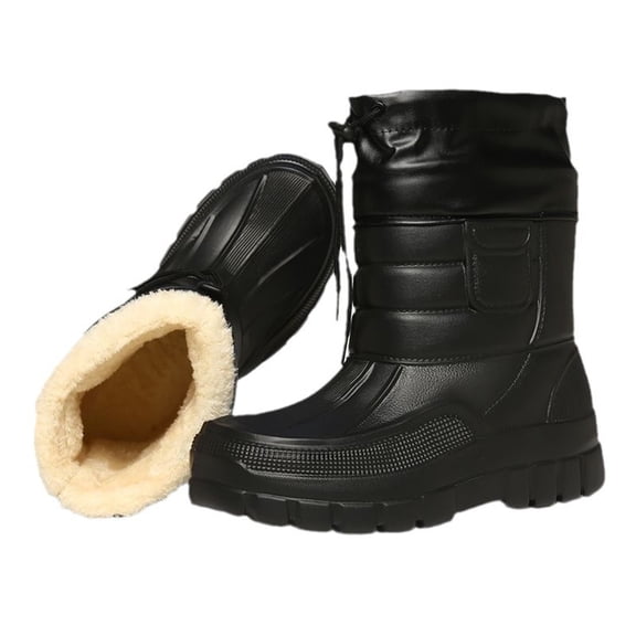 CPNG Black Mid-Calf Snow Boots with Thick Fleece Lining, Water-Resistant Exterior, Adjustable Drawstring Closure, Non-Slip Sole, Warm for Cold Snowy Conditions