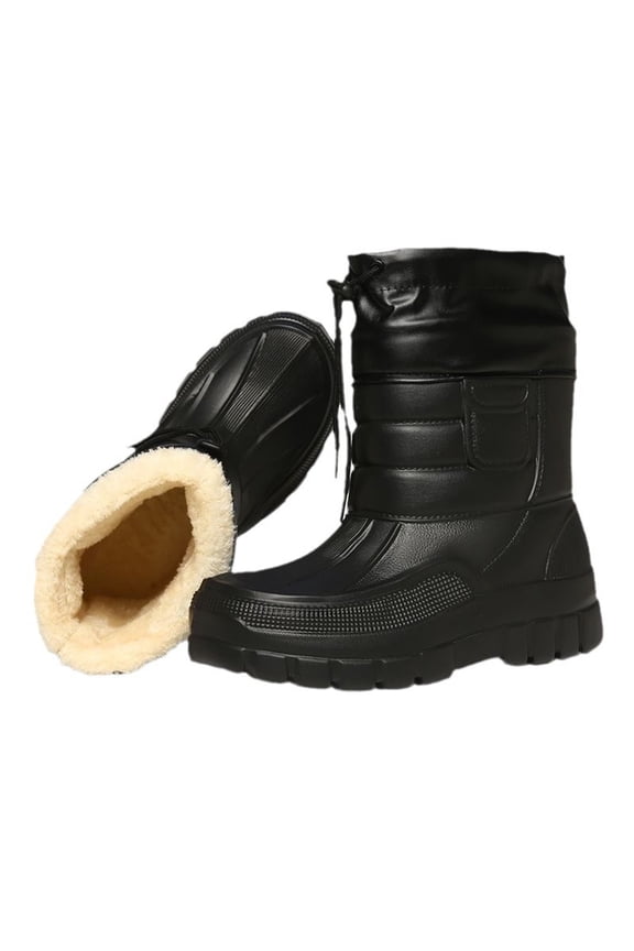 Black Mid-Calf Snow Boots with Thick Fleece Lining, Water-Resistant Exterior, Adjustable Drawstring Closure, Non-Slip Sole, Warm for Cold Snowy Conditions