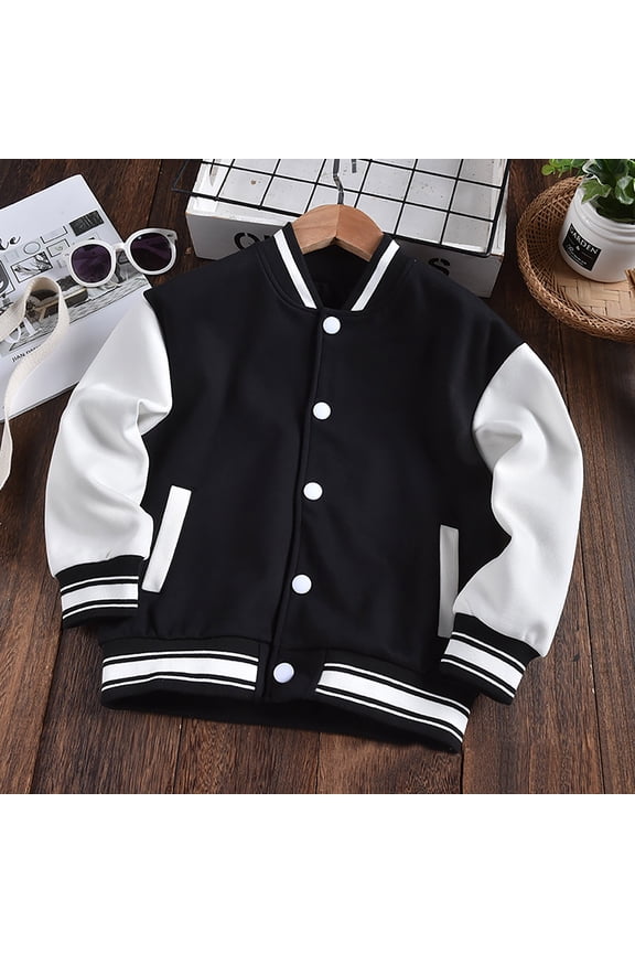 Boy Girls Color Block Thickened Coat with Pocket Button Baseball School Bomber Jackets V-Neck Long Sleeve Open Front Sweatshirt Fall Winter Sweatshirt