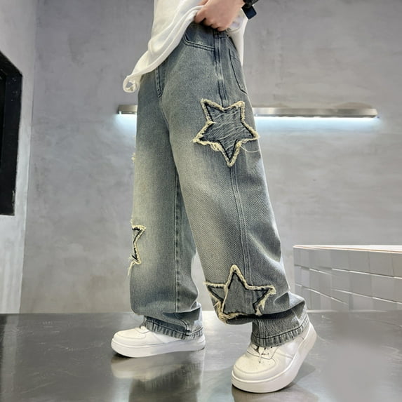 CPNG Boy's Baggy Vintage Jeans Kids Loose Fit Casual Straight Wide Leg Star Embroidery Denim Pants with Pockets Fashion Vintage High Waist Y2k Streetwear