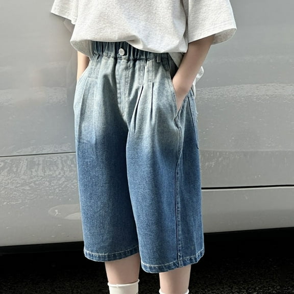 CPNG Boy's High Waist Wide Leg Loose Denim Shorts Half Length Shorts Baggy Casual Jeans Shorts Elastic Waist Hip Hop Shorts with Pockets Streetwear