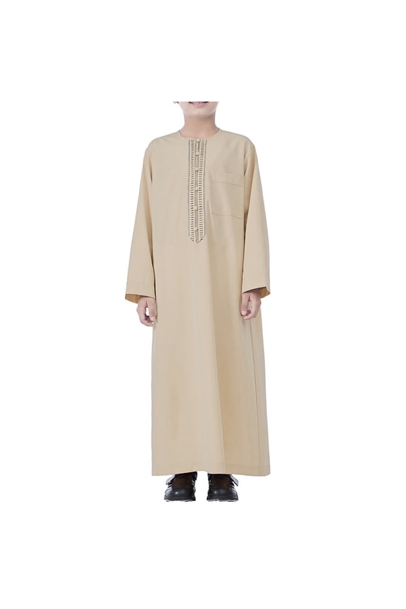 Boy's Muslim Clothes Durable Kaftan Arab Solid Color Thobe Long Sleeve Kaftan Embroidered Soft Robe Islamic Arabic Abaya Thobe Dubai Long Gown Ethnic Clothes
