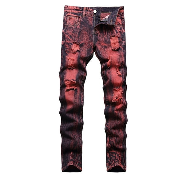 CPNG Boy's Ripped Skinny Jeans Pure Cotton Slim Fit Stretch Jeans Straight Leg Fashion Button Front Zipper Denim Pants(Red,13-14 Years)