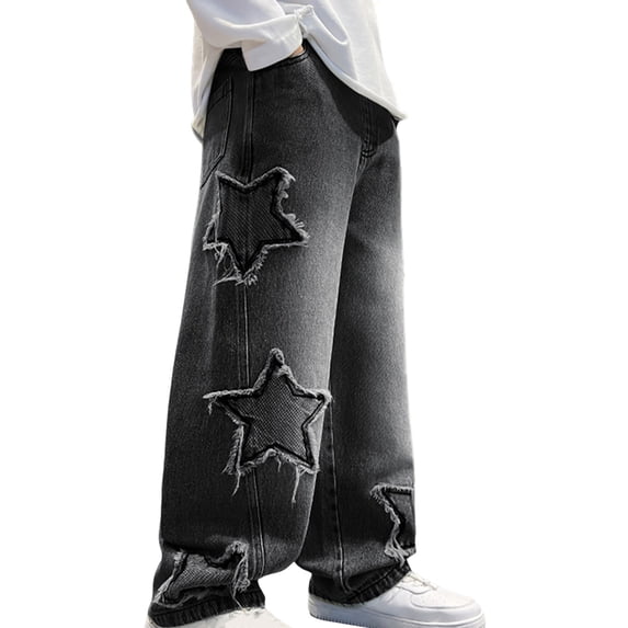 CPNG Boy's Star Fleece Lined Jeans Teen Boys Straight Wide Leg Button Front Zipper Casual Loose Denim Trousers Streetwear(Black,13-14 Years)