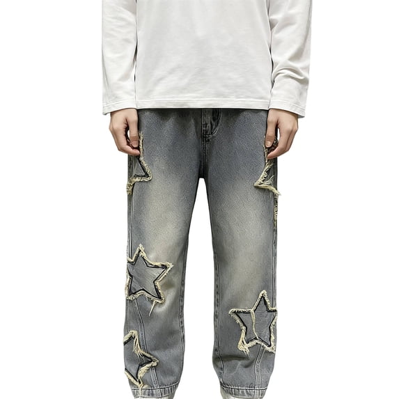 CPNG Boy's Star Fleece Lined Jeans Teen Boys Straight Wide Leg Button Front Zipper Casual Loose Denim Trousers Streetwear(Blue,5-6 Years)