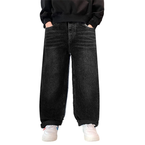 CPNG Boy's Thermal Fleece Lined Jeans Teen Boys Elastic Waist Straight Leg Button Front Zipper Denim Pants(Black,13-14 Years)