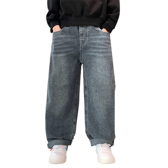 CPNG Boy's Thermal Fleece Lined Jeans Teen Boys Elastic Waist Straight Leg Button Front Zipper Denim Pants(Blue,9-10 Years)