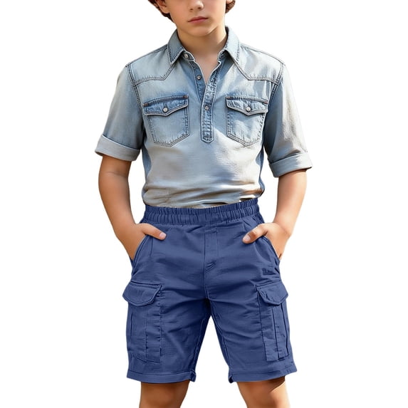 CPNG Boys Athletic Cargo Shorts Solid Color Sport Cargo Shorts Elastic High Waist Casual Loose Cargo Shorts Outwear Shorts(Blue,11-12 Years)