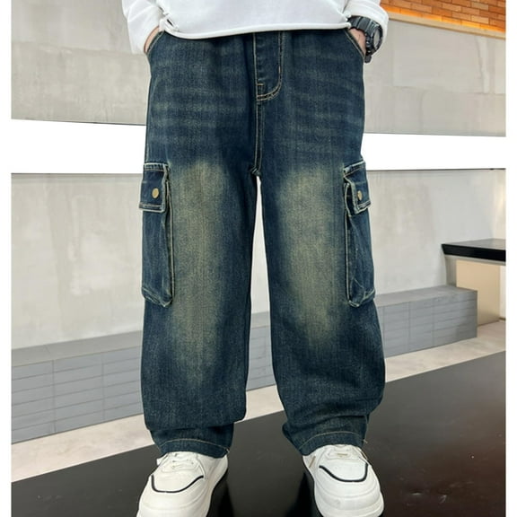 CPNG Boys Baggy Cargo Jeans for Kids Teen Casual Streetwear Straight Wide Leg Elastic Waist Jeans with Pockets Y2K Loose Trousers Denim Fall Pants 