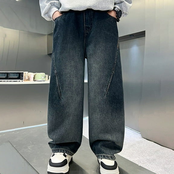 CPNG Boys Baggy Wide Leg Barrel Jeans Y2K Vintage Straight Wide Leg Ripped Teen Aesthetic Elastic Waist Hip Hop Loose Denim Pants Grunge Clothes Streetwear Trousers