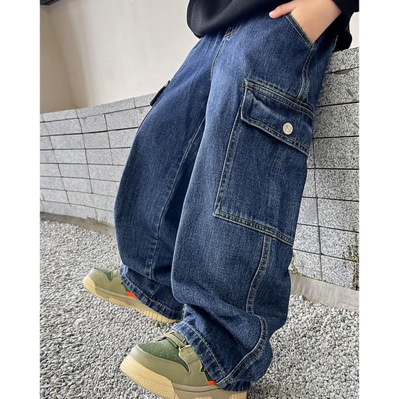 CPNG Boys Baggy Wide Leg Jeans Button Front Pocket Jeans Patchwork Wide Leg Elastic High Waist Denim Pants Loose Fit Streetwear Cropped Trousers Vintage Denim Jeans