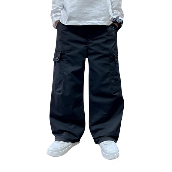 CPNG Boys Daily Baggy Cargo Pants Elastic High Waist Wide Leg Multi-Pocket Cargo Sweatpants Casual Jogger Streetwear(Black,15-16 Years)