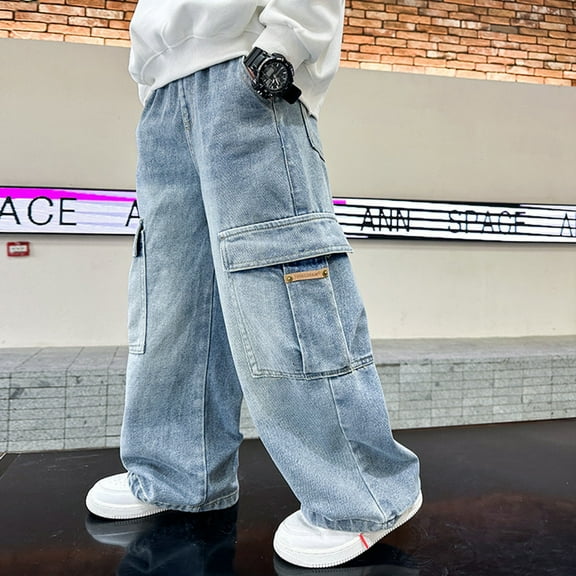 CPNG Boys Denim Jeans Pants with Pockets Casual Wide Leg Cargo Pants Vintage Straight Leg Denim Cargo Pants Drawstring Elastic Waistband Loose Fit Lightweight Trousers