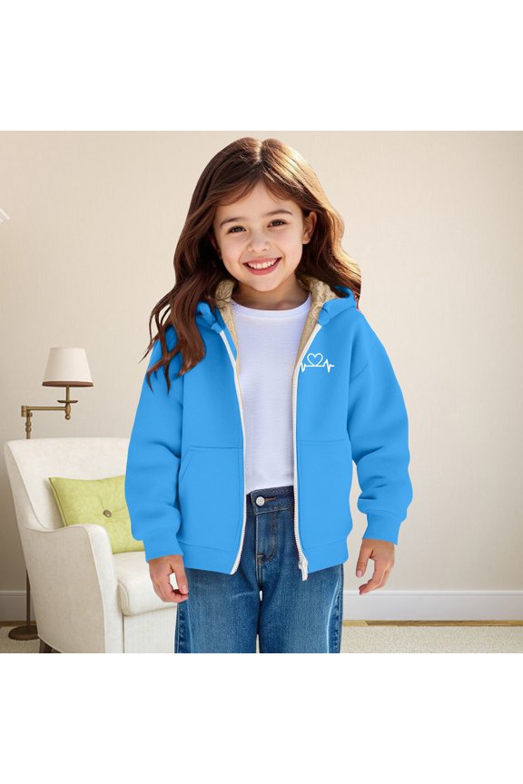 Boys Girls Fleece Jacket Love Heart Print Hoodie Thermal Warm Sherpa Pullover Lined Long Sleeve Full Zip Up Hooded Sweatshirt Kids Fall Winter Jackets