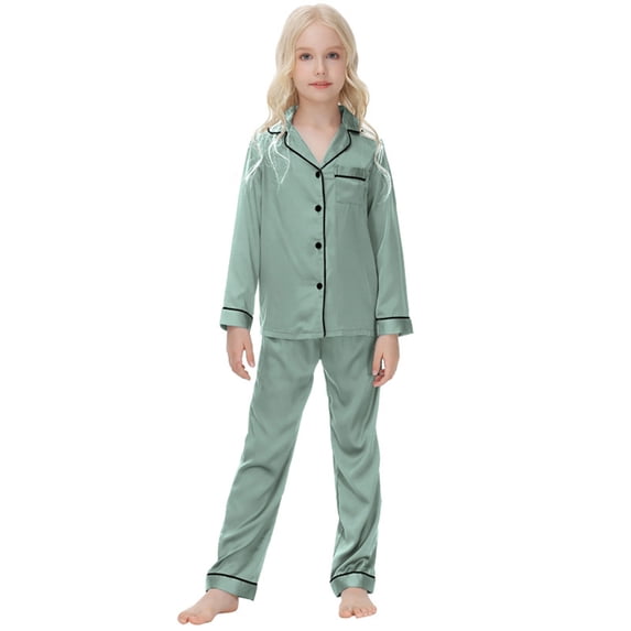 CPNG Boys Girls Home Clothing Nightclothes Set Satin Long Sleeve Lapel Button Shirt and Pants 2 Pcs Outfits Set(Grey,13-14 Years)