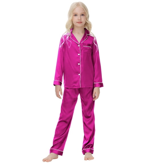 CPNG Boys Girls Home Clothing Nightclothes Set Satin Long Sleeve Lapel Button Shirt and Pants 2 Pcs Outfits Set(Hot Pink,9-10 Years)