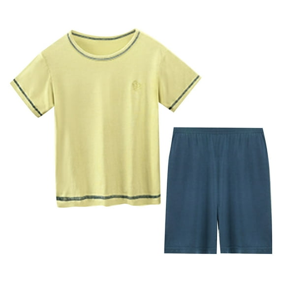 CPNG Boys Girls Home Wear Clothes Solid Color Nightclothes Short Sleeve Round Neck T-Shirt and Shorts Two Piece Set(Green,6-7 Years)