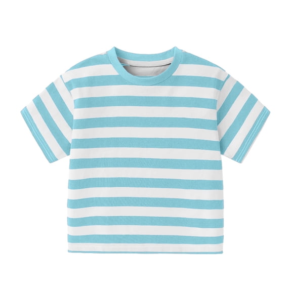 CPNG Boys Girls Summer T Shirts Toddler Teen Striped Pullover Short Sleeve Crewneck Basic Casual T Shirts(Light Blue,7-8 Years)