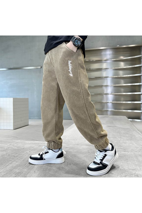 CPNG Boys Loungewear Ribbed Corduroy Pants Elastic Waist Solid Color Fleece Lined School Uniform Jogger Sweatpants Fall Winter Warm Trousers