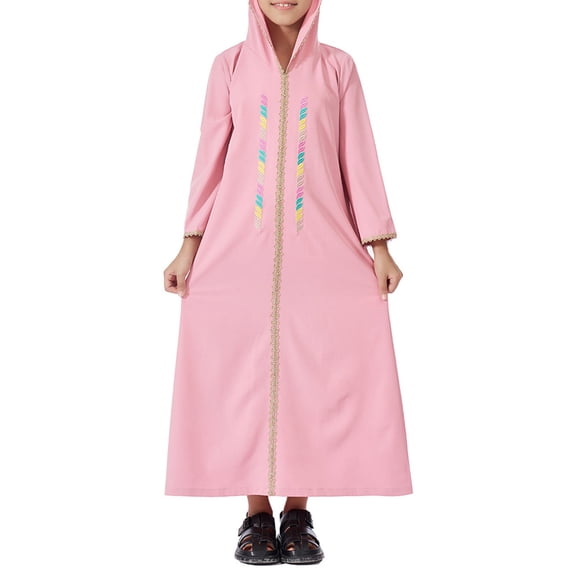 CPNG Boys Muslim Dubai Islamic Dresses Girls Long Sleeve Eid Robe Embroidered Prayer Clothes Lightweight Arabic Kaftan Muslim Long Gown Thobe Robe for Kids