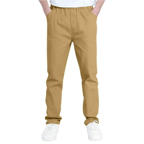 CPNG Boys' Slim Fit Stretch Elastic Waist Chino Pants Kids Straight Leg School Uniform Yonth Casual Pants(Khaki,8-9 Years)