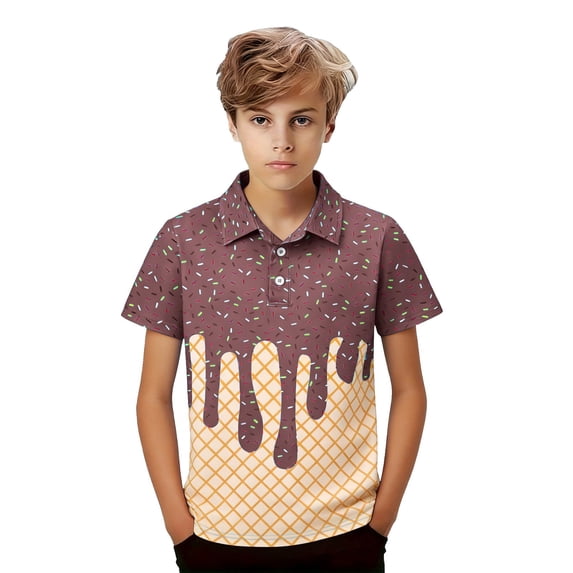 CPNG Boys Summer Shirt Comfortable Fashion Funny Ice Cream Print Short Sleeve Loose Lapel Buttoned Shirts(Coffee,5-6 Years)