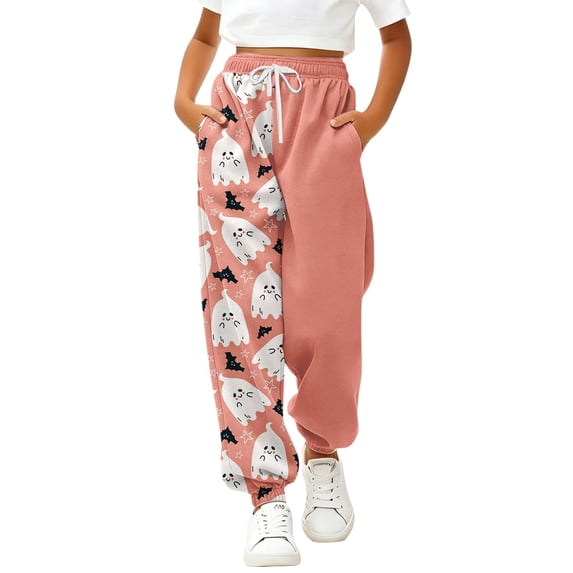 CPNG Boys and Girls Sweatpants Elastic Waist Wide Leg Sweat Pants with Halloween Themed Print Casual Baggy Jogger Pants