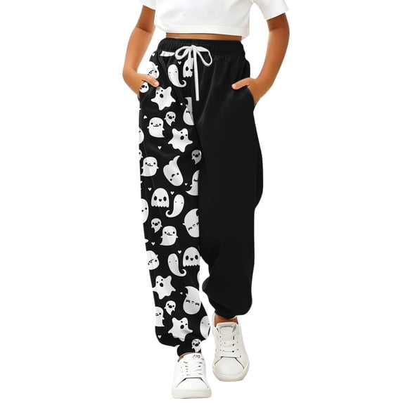 CPNG Boys and Girls Sweatpants Elastic Waist Wide Leg Sweat Pants with Halloween Themed Print Casual Baggy Jogger Pants