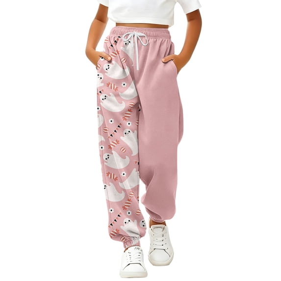 CPNG Boys and Girls Sweatpants Elastic Waist Wide Leg Sweat Pants with Halloween Themed Print Casual Baggy Jogger Pants