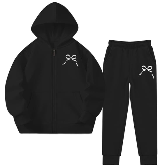 CPNG Children Girls Bow Print Tracksuits Set Full Zip Long Sleeve Hooded Active Jackets & Jogger Pants Suits 2 Piece Sweatsuit(Black,5-6 Years)
