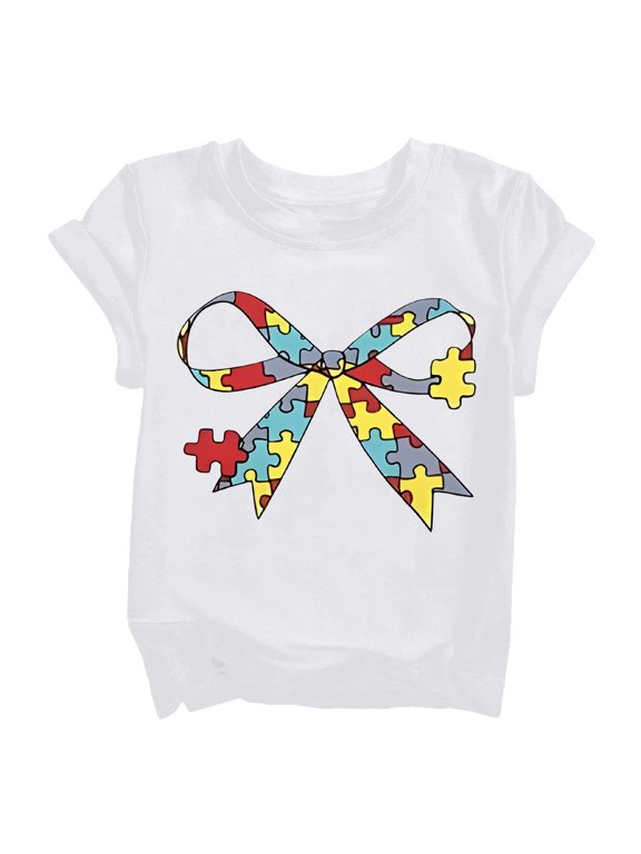 Children's Girls and Boys T Shirt Autism Awareness Bow Puzzle Print Loose Fit Tees Summer Casual Crew Neck Short Sleeve T-Shirt