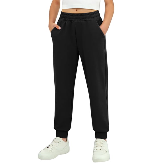 CPNG Children's Thin Jogger Sweatpants Straight Leg Elastic High Waist Casual Loose Cozy Sports Pants with Pocket(Black,11-12 Years)