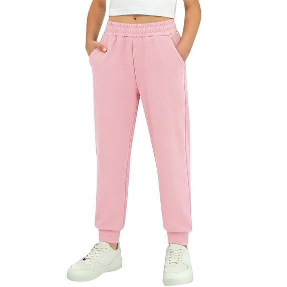 CPNG Children's Thin Jogger Sweatpants Straight Leg Elastic High Waist Casual Loose Cozy Sports Pants with Pocket(Pink,13-14 Years)