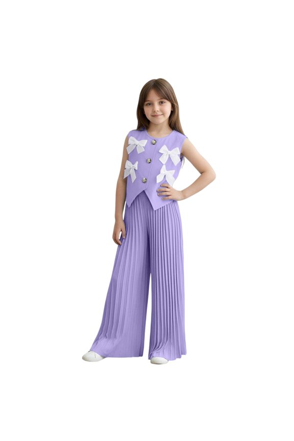 Girl's 2 Piece Outfits Bowtie Decoration Halter Sleeveless Vest Top and Elastic High Waisted Pants Set(Purple,4 Years)