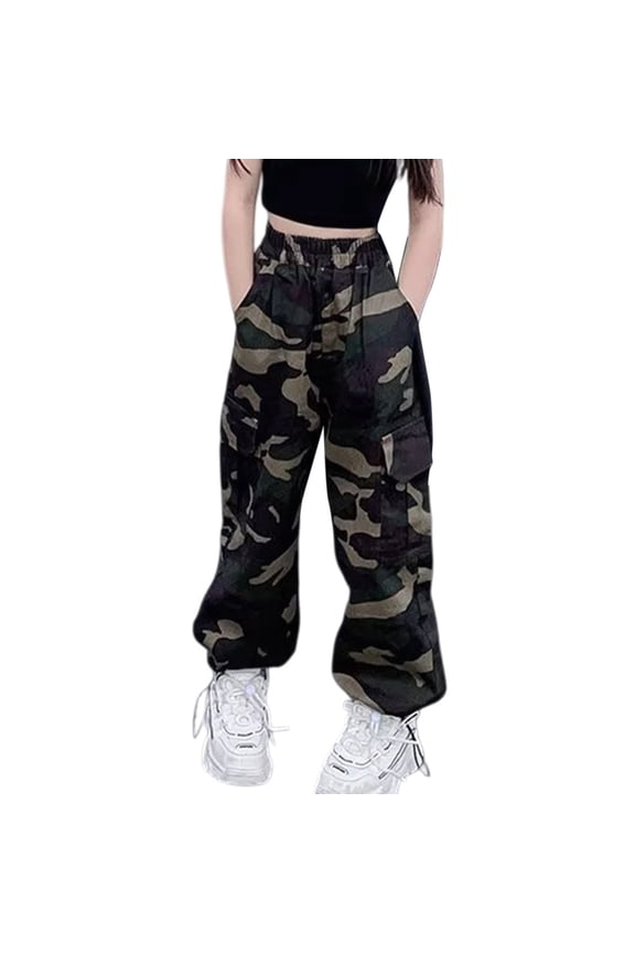 Girl's High Waist Slim Casual Tapered Cargo Pants Drawstring Elastic Waist Wide Leg Camo Pant Baggy Long Trousers Y2K Streetwear with Pockets